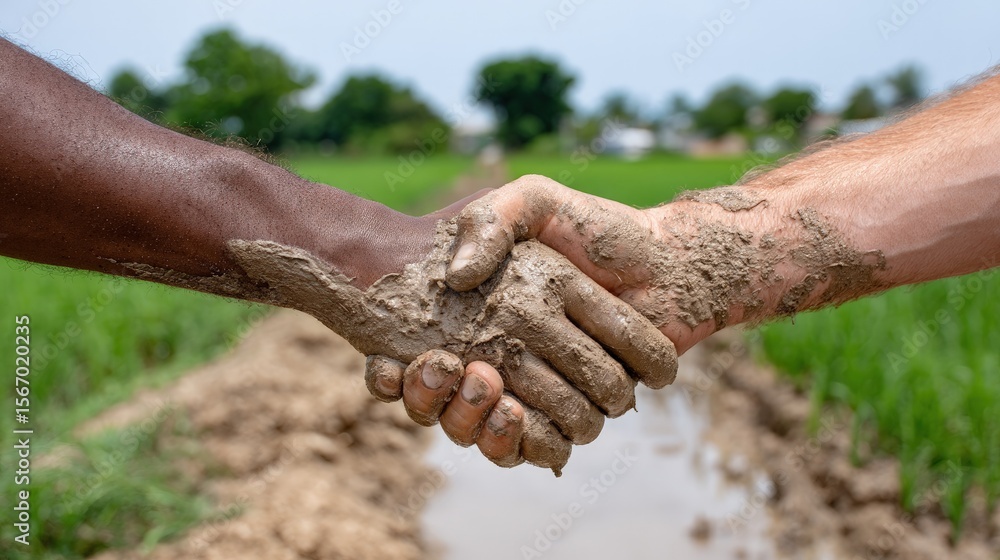 Fototapeta premium Muddy hands shake partnership