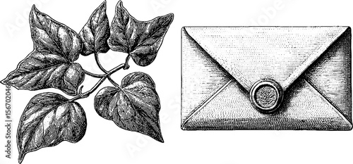 Vintage hand drawn wax stamp envelope with ivy sprig illustration for retro design