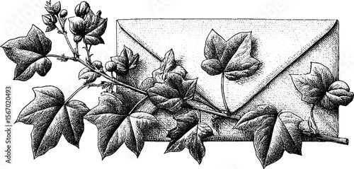 Vintage hand drawn wax stamp and envelope with ivy silhouette