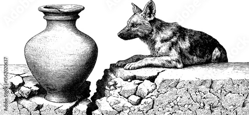 Vintage hand drawn wild dog observing from cracked ledge