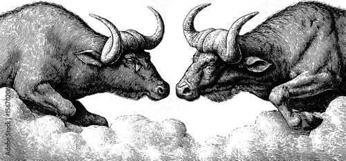 Vintage wildebeest horns and stampede dust in retro engraving style for nature and wildlife art