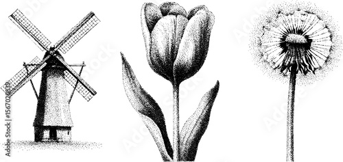 Vintage sketch of windmill, tulip, and dandelion seed - retro hand drawn illustration for design