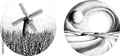 Vintage windmill and wheat field with swirling clouds - hand drawn engraving for retro design