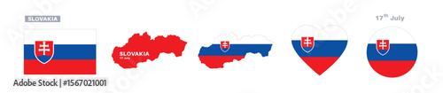 slovakia flag and map set. slovakia flag in official colors and proportions. independence day 17 july, map, circle and heart shaped slovakia 