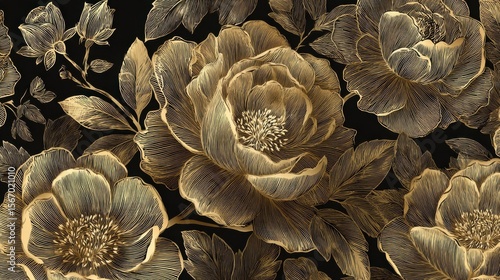 Luxury gold floral background vector. Golden gradient Roses and peonies flower line art wallpaper design for prints, cover, wall arts, greeting card, wedding cards, invitation., no logos, no brands