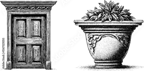 Vintage wooden door and decorative flower pot sketch for design projects