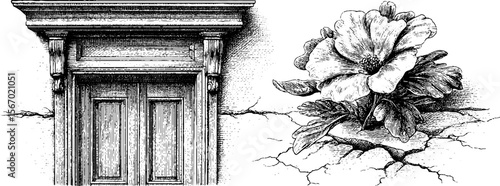 Vintage sketch of wooden door and cracked plaster with flower design