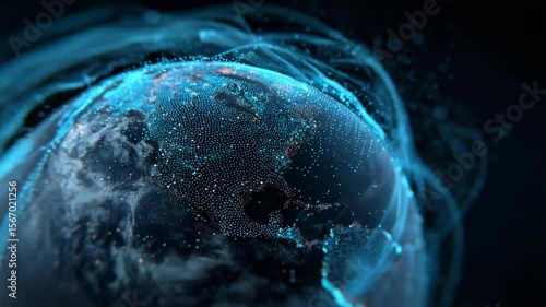 3D animation of world map with digital display, showing social network connections and global data exchange