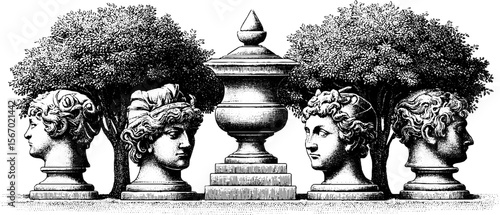 Vintage garden statues and stone urns with mythological figures in classic illustration