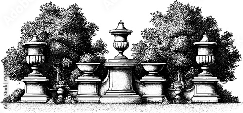Mythological garden scene with stone urns and statues for elegant outdoor design