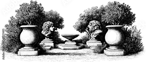 Mythological statue garden with stone urns and busts for classic outdoor design
