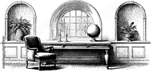 Vintage study chamber with globe and candlelit desk - retro engraving illustration for design