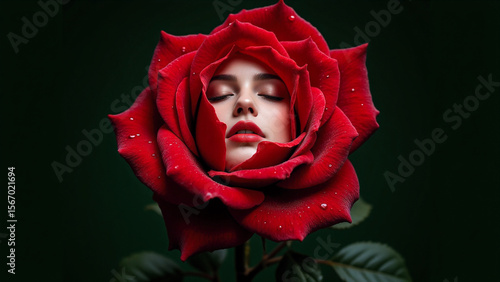 A woman with her eyes closed and a red rose in front of her.