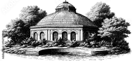 Vintage architectural illustration of tiled atrium with rainwater pool and open skylight