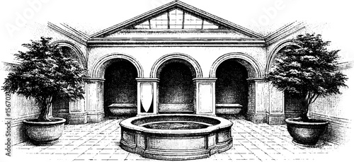 Vintage sketch of tiled atrium with rainwater pool and open skylight
