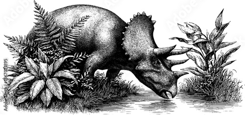 Triceratops grazing amidst lush ferns by primeval lake