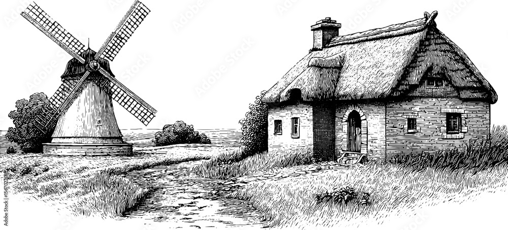 Fototapeta premium Vintage windmill and thatched roof cottage in countryside sketch for retro design