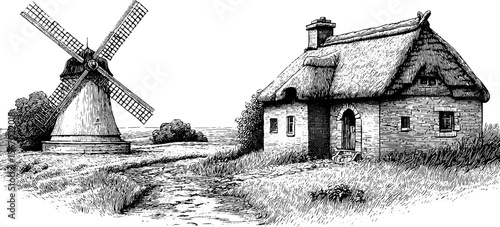Wallpaper Mural Vintage windmill and thatched roof cottage in countryside sketch for retro design Torontodigital.ca