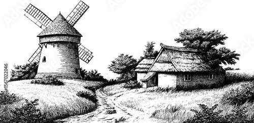 Vintage sketch of windmill beside thatched roof cottage