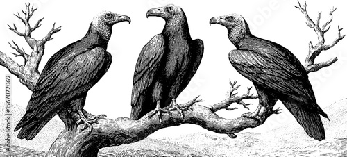 Vultures perched on bare tree amidst desert wind in vintage engraving style
