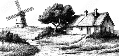Vintage windmill beside thatched roof cottage in rural landscape sketch