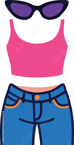 Flat vector bold Y2K fashion outfit: crop top, sunglasses, low-rise jeans, trend revival, isolated on white