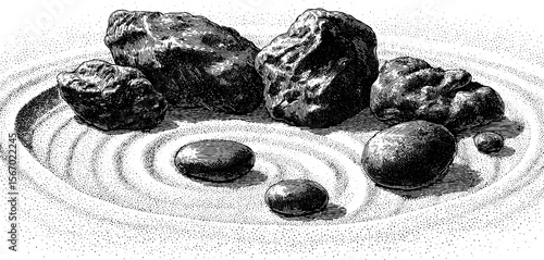Tranquil zen garden with raked sand and smooth stones for meditation and peace