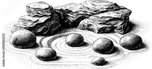 Tranquil zen garden with raked sand and smooth stones for serenity and mindfulness