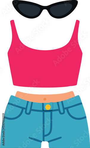 Flat vector bold Y2K fashion outfit: crop top, sunglasses, low-rise jeans, trend revival, isolated on white