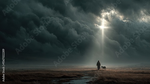 Fototapeta Naklejka Na Ścianę i Meble -  Man and sheep walk towards light through dark storm clouds in a grassy field landscape