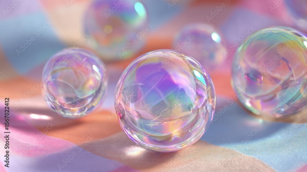 Iridescent spheres lie on pastel colored fabric creating a mesmerizing display of refracted light and color, offering a whimsical and dreamlike perspective Iridescent spheres lie on pastel colored fabric creating a mesmerizing display of refracted light and color, offering a whimsical and dreamlike perspective