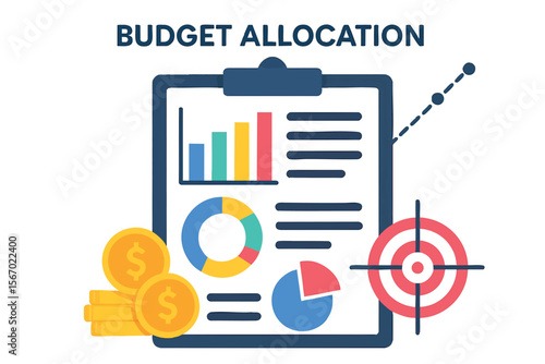 Flat vector budget allocation board with charts, coins and target lines, financial management, isolated on white