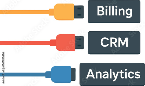 Flat vector cables snapping into ports labeled “Billing”, “CRM”, “Analytics”, isolated on white