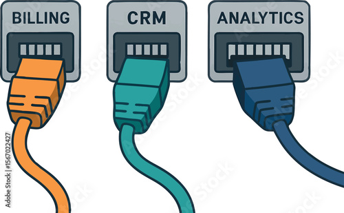 Flat vector cables snapping into ports labeled “Billing”, “CRM”, “Analytics”, isolated on white