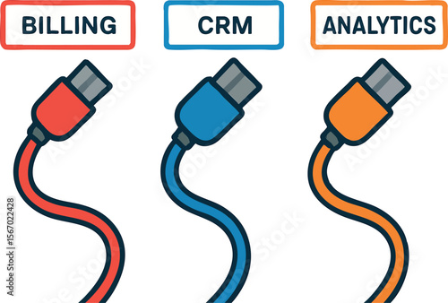 Flat vector cables snapping into ports labeled “Billing”, “CRM”, “Analytics”, isolated on white