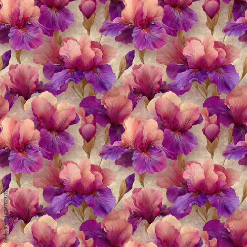 beige gradient watercolor background, with a large number of exquisite pink and purple iris patterns on top, rich details, ink silk texture, gradient