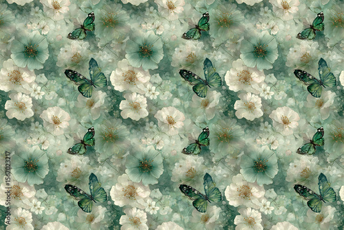 Exquisite ink wash floral and butterfly patterns, with light green as the main color tone, create an ethereal atmosphere