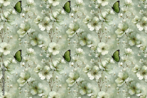 Exquisite ink wash floral and butterfly patterns, with light green as the main color tone, create an ethereal atmosphere