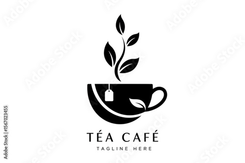Elegant tea café emblem featuring a stylized teacup and sprouting leaves, perfect for branding and culinary designs related to tea beverages.