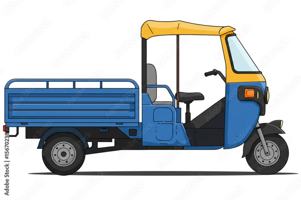 Fototapeta premium Stylized auto rickshaw with a flatbed in blue and yellow offers versatile usage for transportation or logistics-themed designs.