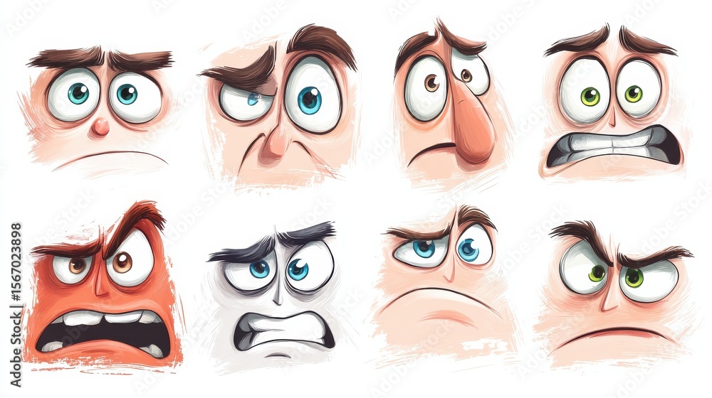 Cartoon expressions. Cute face elements eyes and mouths with happy, sad and angry, disbelief emotions. Caricature characters, no logos, no brands Cartoon expressions. Cute face elements eyes and mouths with happy, sad and angry, disbelief emotions. Caricature characters, no logos, no brands