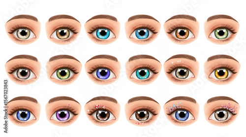 Diverse eye colors with makeup present a stylish, artistic collection for fashion and beauty designs, ideal for avatars, icons, and branding.