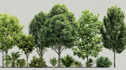 Various types of lush green trees showcasing diverse shapes and sizes in a natural setting