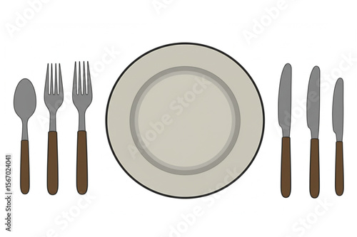 Elegant place setting design featuring a plate flanked by forks, a spoon, and knives in a simple, appealing style.