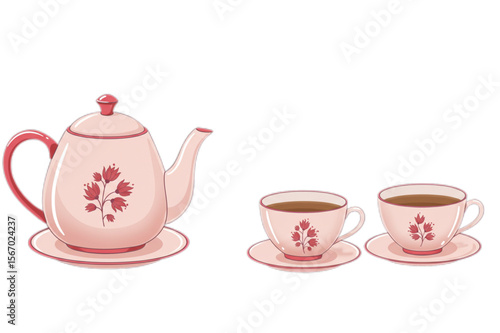 Elegant teapot design and tea cup set featuring delicate floral accents, perfect for tea time themed visuals or menu decoration.
