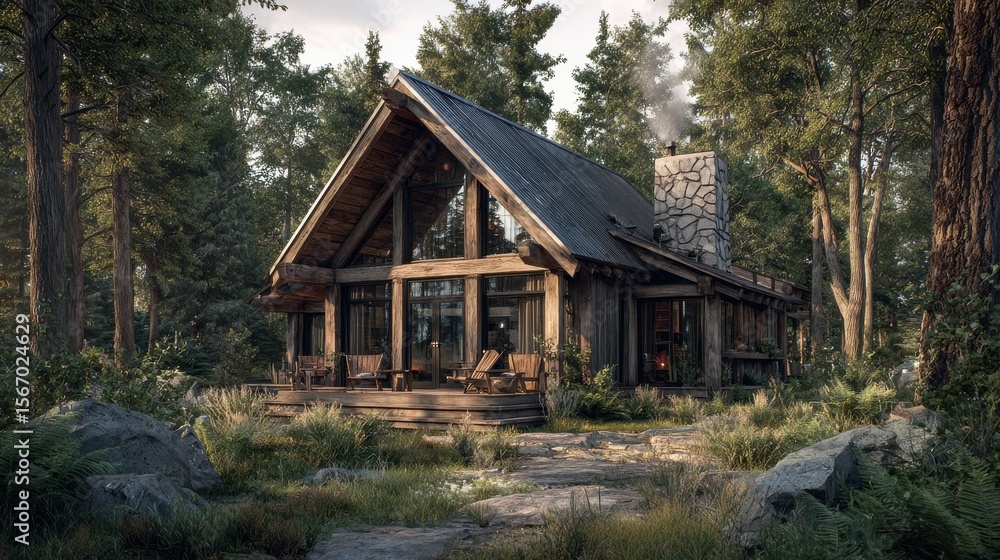 Rustic cabin with a contemporary twist. Woodsy retreat. A cozy hideaway blending traditional timber with sleek design elements Rustic cabin with a contemporary twist. Woodsy retreat. A cozy hideaway blending traditional timber with sleek design elements