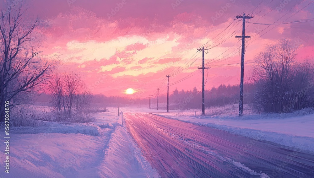Winter road at sunrise, muted pink hues Winter road at sunrise, muted pink hues