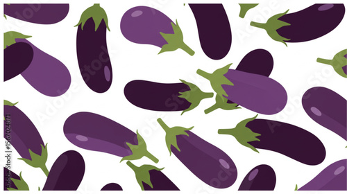Fresh eggplants seamless pattern showcases vibrant purple hues and crisp green stems, perfect for farm-to-table designs.