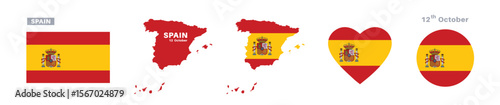 Wallpaper Mural spain flag and map set. spain flag in official colors and proportions. independence day 12 october, map, circle and heart shaped spain  Torontodigital.ca