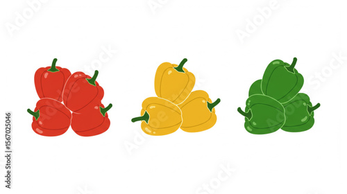 Sweet bell peppers in red, yellow, and green hues, ideal for culinary design or a healthy food theme with its simple aesthetic.
